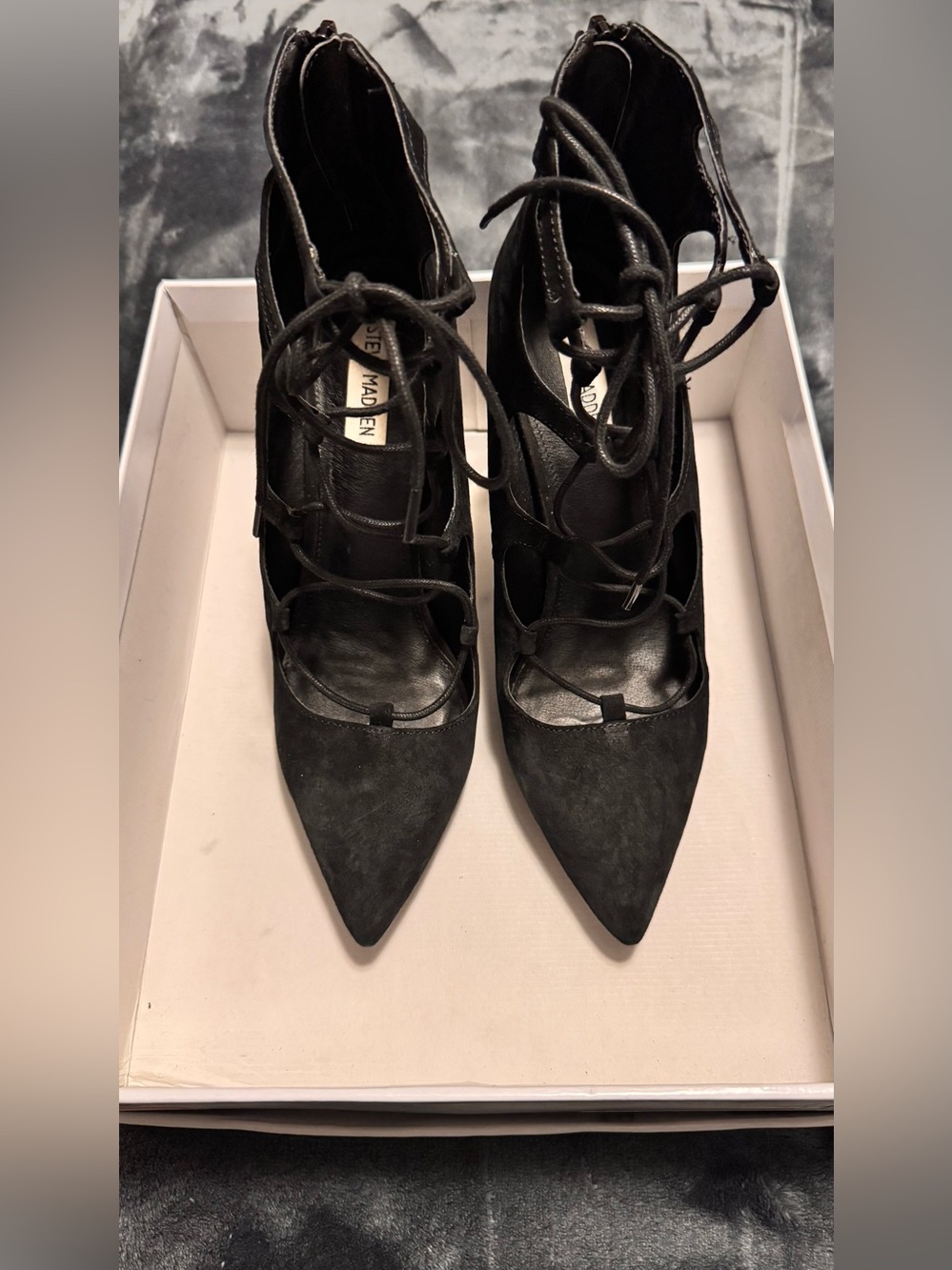Gently Used Steve Madden Yeskia Black Suede Lace-Up Pointed Toe Pumps